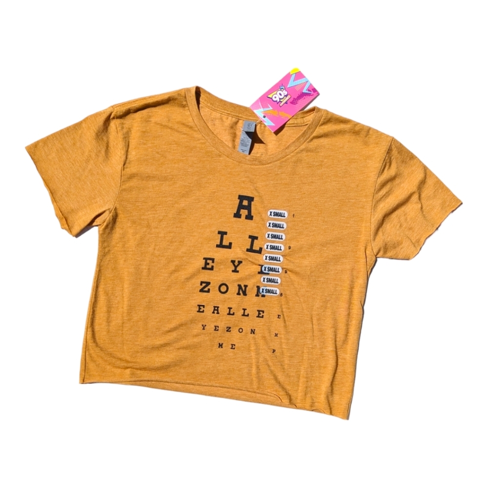 90's Experience Womens "All Eyes On Me" Eye Chart Mustard Cropped Crewneck Tee